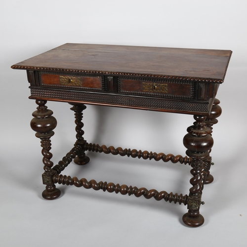 1025 - A Portuguese 18th century exotic wood side table with rope twist carved edge, 2 frieze drawers raise... 