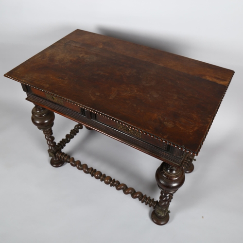 1025 - A Portuguese 18th century exotic wood side table with rope twist carved edge, 2 frieze drawers raise... 