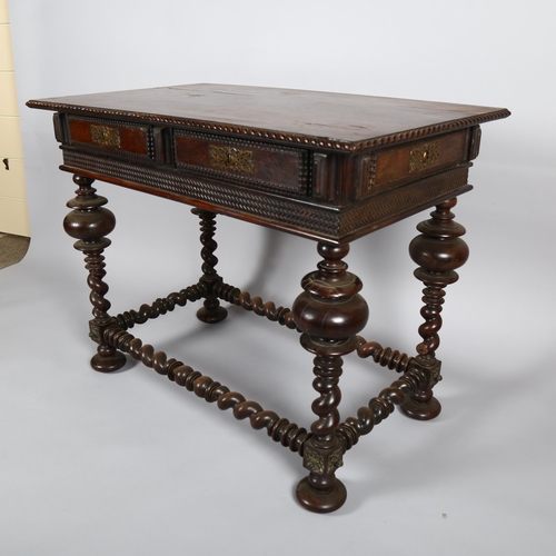 1025 - A Portuguese 18th century exotic wood side table with rope twist carved edge, 2 frieze drawers raise... 