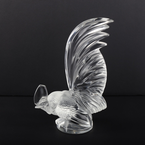 1032 - RENE LALIQUE - a frosted and clear glass cockerel, height 20cm, engraved signature