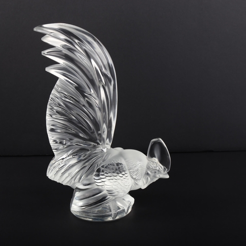 1032 - RENE LALIQUE - a frosted and clear glass cockerel, height 20cm, engraved signature