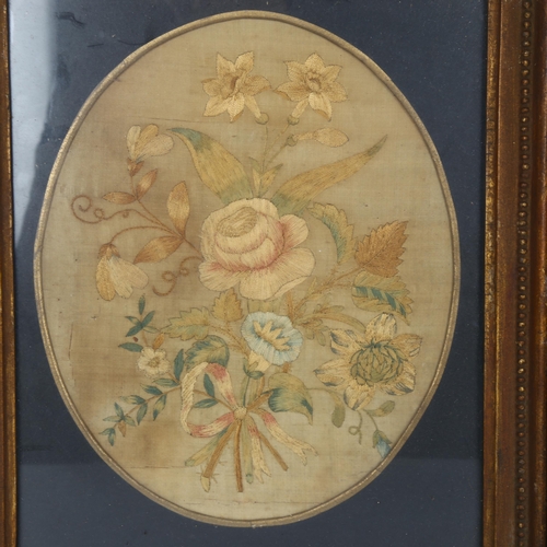 1036 - Early 19th century embroidered picture, depicting a woman at a spinning wheel, overall frame height ... 