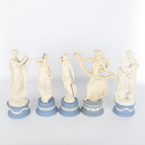 1039 - A group of 5 Wedgwood blue and white bisque porcelain Classical figures, largest height 27cm (5)