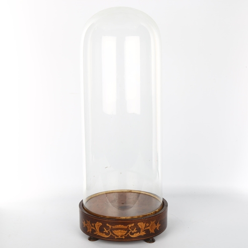 1040 - A Victorian glass dome on original rosewood and marquetry inlaid stand, overall height 54cm