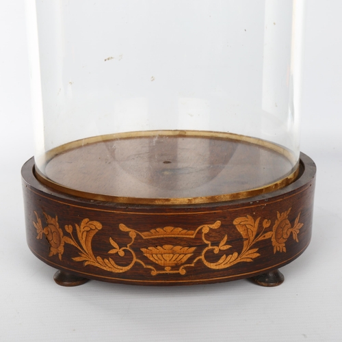 1040 - A Victorian glass dome on original rosewood and marquetry inlaid stand, overall height 54cm