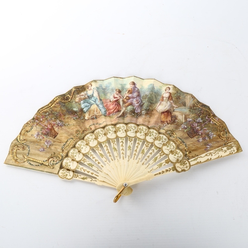 1056 - A 19th century French bone fan, with hand painted paper screen depicting musicians by a fountain, wi... 