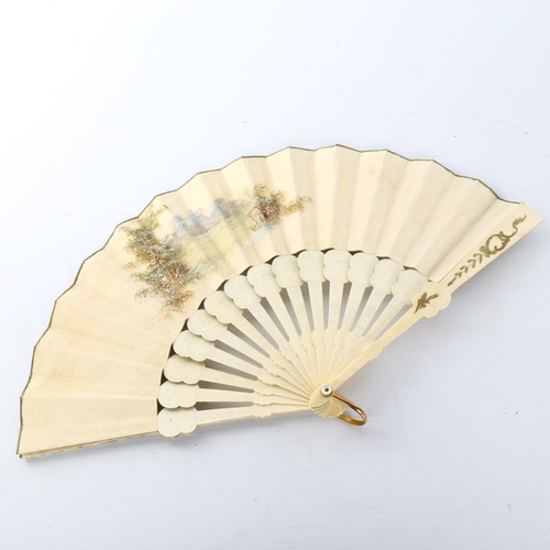 1056 - A 19th century French bone fan, with hand painted paper screen depicting musicians by a fountain, wi... 