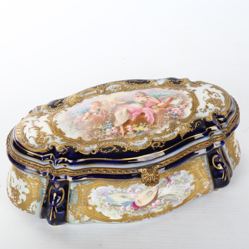 1061 - Mid-19th century Sevres porcelain ormolu mounted box of oval form, hand painted panels in relief mou... 