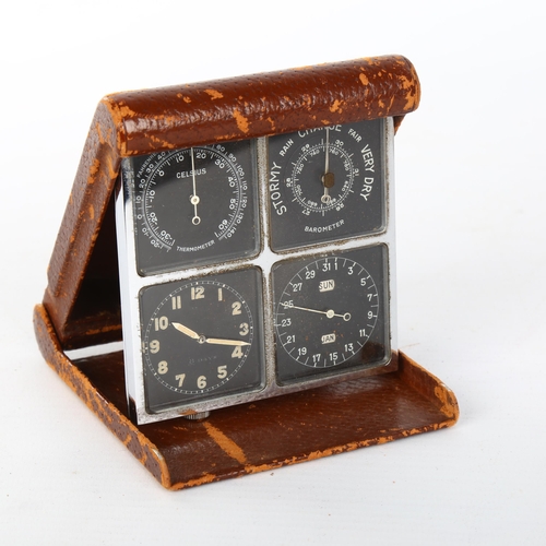 1064 - An Art Deco leather/chrome-cased travelling combination clock/thermometer/barometer/calendar, circa ... 