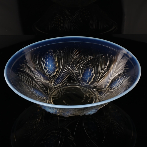 1065 - French Joblin opalescent glass bowl, with relief moulded pine cone design, diameter 27cm