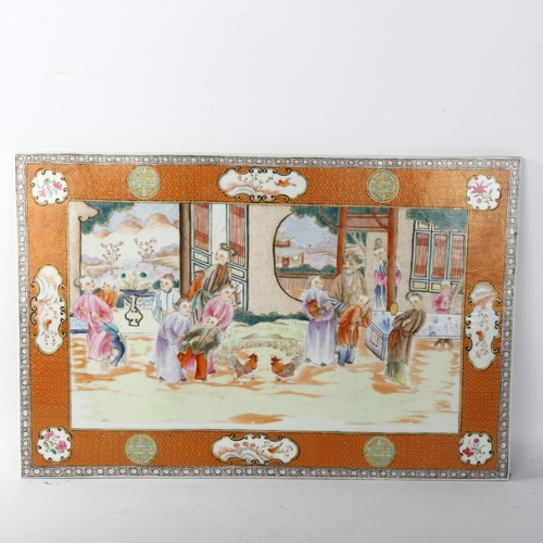 1067 - A Chinese rectangular porcelain plaque, hand painted detailed interior scenes depicting a family and... 