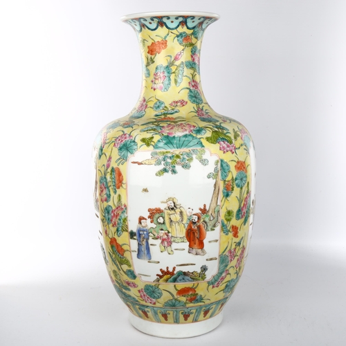 1071 - A large Chinese yellow ground porcelain vase with painted panels, height 57cm, mid-20th century