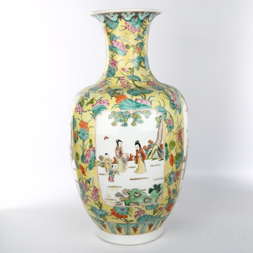 1071 - A large Chinese yellow ground porcelain vase with painted panels, height 57cm, mid-20th century