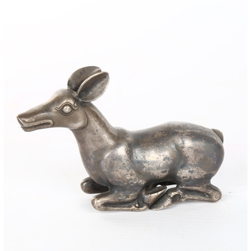 1078 - Indian unmarked white metal recumbent deer, probably 18th or 19th century, length 10cm, provenance: ... 