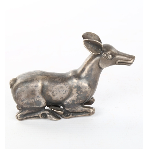 1078 - Indian unmarked white metal recumbent deer, probably 18th or 19th century, length 10cm, provenance: ... 