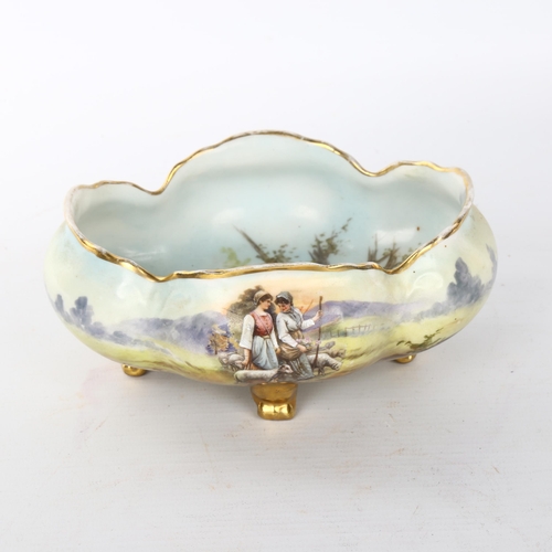 1079 - A Vienna porcelain bowl with hand painted decoration, depicting country women, on gilded feet, width... 