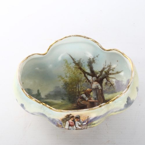 1079 - A Vienna porcelain bowl with hand painted decoration, depicting country women, on gilded feet, width... 