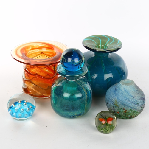 1086 - 3 pieces of Mdina coloured glass, a Studio glass and enamel vase, and 2 glass paperweights, perfume ... 