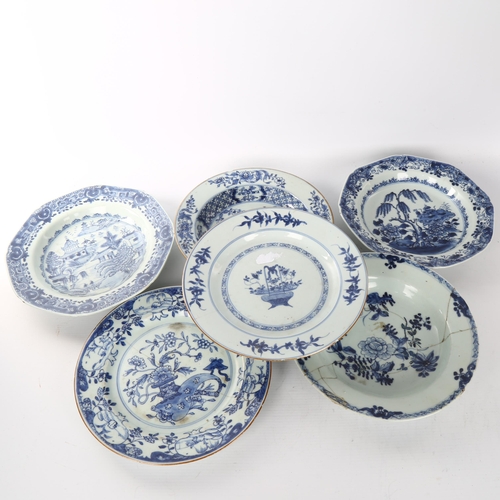 1087 - A group of Chinese blue and white porcelain plates, 18th and 19th century (A/F) (6)