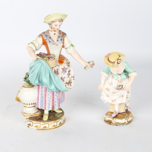 1090 - Meissen porcelain flower seller figure, height 18cm (A/F),  and Meissen porcelain girl with a chick,... 