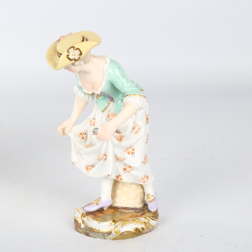 1090 - Meissen porcelain flower seller figure, height 18cm (A/F),  and Meissen porcelain girl with a chick,... 