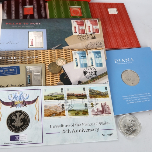 1094 - A sterling silver ingot and stamp set, pillar to post, cased, a Royal Mint Diana Princess of Wales m... 