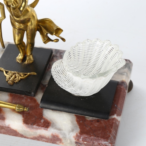 1105 - A French Empire desk stand, coloured marble and bronze with Latticino glass shell-shaped inkwell mou... 