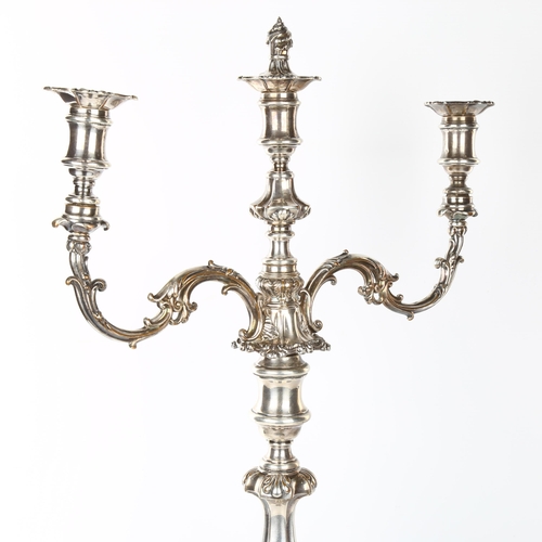 1108 - A large Antique Sheffield plate twin-branch candelabrum, overall height 62cm