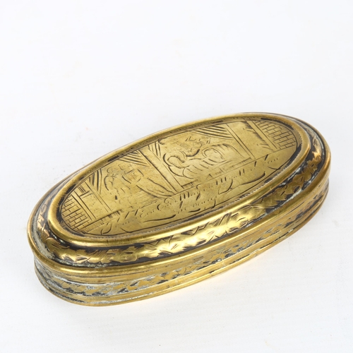 1111 - An 18th century Dutch engraved brass tobacco box, length 13.5cm