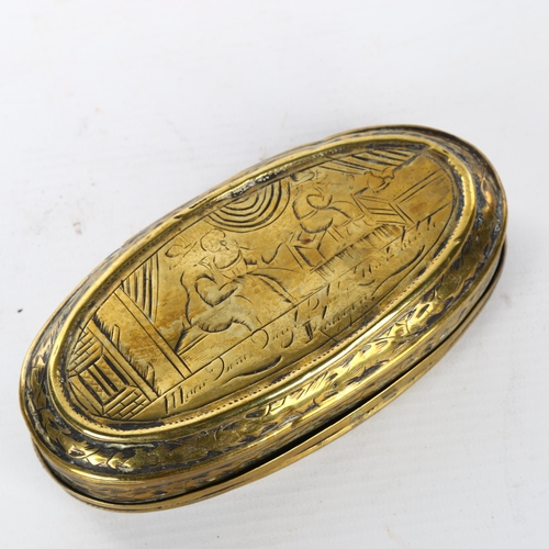 1111 - An 18th century Dutch engraved brass tobacco box, length 13.5cm