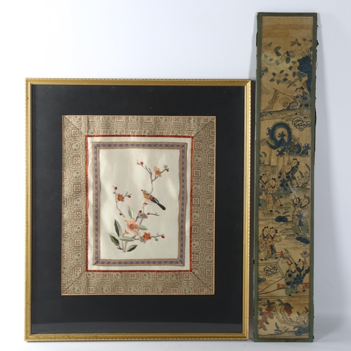 1115 - A narrow Chinese hand painted silk panel, probably early 20th century, length 52cm, and a Chinese si... 