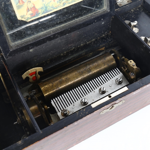 1119 - A Swiss rosewood musical box, playing 8 airs on a 15cm cylinder, transfer decorated lid with inlaid ... 