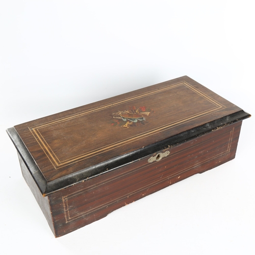 1119 - A Swiss rosewood musical box, playing 8 airs on a 15cm cylinder, transfer decorated lid with inlaid ... 