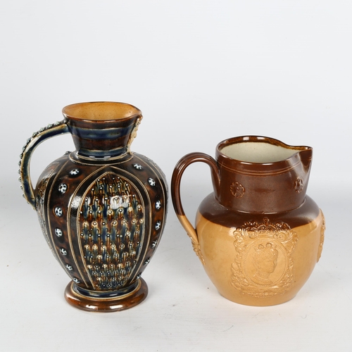 1123 - Doulton Lambeth relief moulded jug dated 1877, height 19cm, and Royal Doulton jug commemorating Coro... 