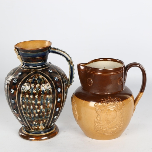 1123 - Doulton Lambeth relief moulded jug dated 1877, height 19cm, and Royal Doulton jug commemorating Coro... 