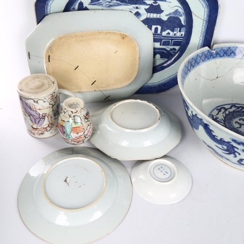 1126 - A group of Antique Chinese porcelain, including large blue and white dragon decorated bowl, diameter... 