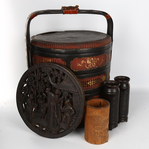 1128 - A Chinese lacquer drum-shaped food container, height 40cm, and 4 other carved wood items