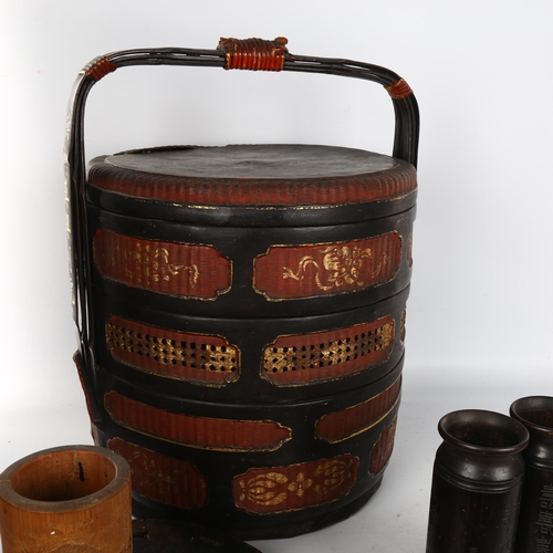 1128 - A Chinese lacquer drum-shaped food container, height 40cm, and 4 other carved wood items