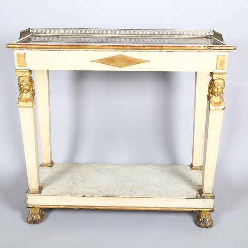 1139 - A 19th century French Neo-Classical console table, the brass galleried top having an inset printed p... 