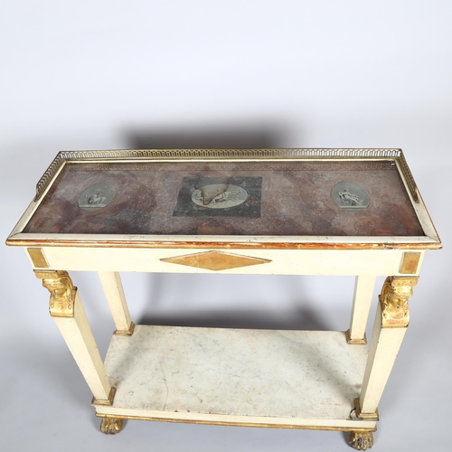 1139 - A 19th century French Neo-Classical console table, the brass galleried top having an inset printed p... 