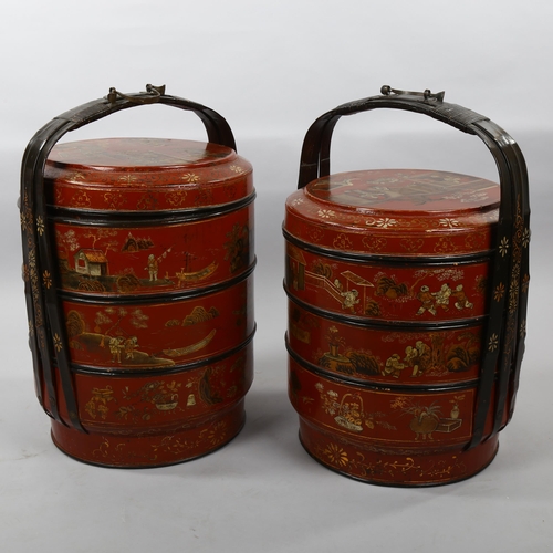 1166 - A large pair of Chinese gilded and lacquered sectional food carriers, in bentwood frame, diameter 43... 