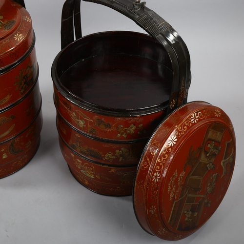 1166 - A large pair of Chinese gilded and lacquered sectional food carriers, in bentwood frame, diameter 43... 