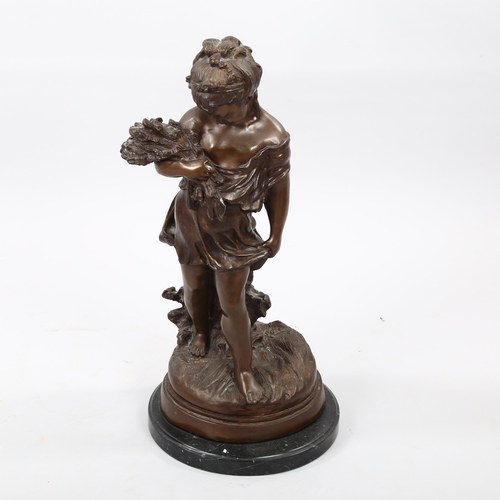 1174 - Patinated bronze sculpture, harvest girl, on marble base, height 54cm, reproduction