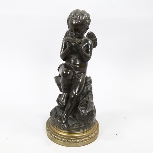 1175 - Patinated bronze sculpture of a cherub, on bronze base, height 40cm, reproduction