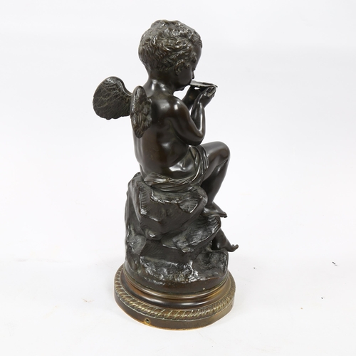 1175 - Patinated bronze sculpture of a cherub, on bronze base, height 40cm, reproduction