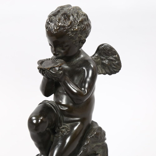 1175 - Patinated bronze sculpture of a cherub, on bronze base, height 40cm, reproduction