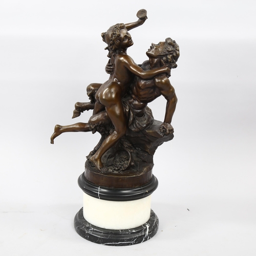 1177 - Patinate bronze sculpture, erotic composition, on two-colour marble base, height 56cm, reproduction