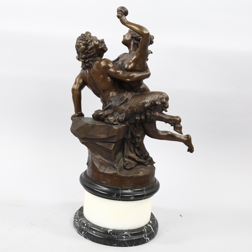 1177 - Patinate bronze sculpture, erotic composition, on two-colour marble base, height 56cm, reproduction