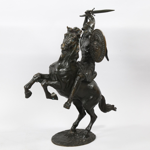 1178 - Patinated bronze sculpture, Greek warrior on horseback, height 56cm, reproduction