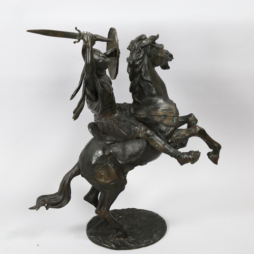 1178 - Patinated bronze sculpture, Greek warrior on horseback, height 56cm, reproduction